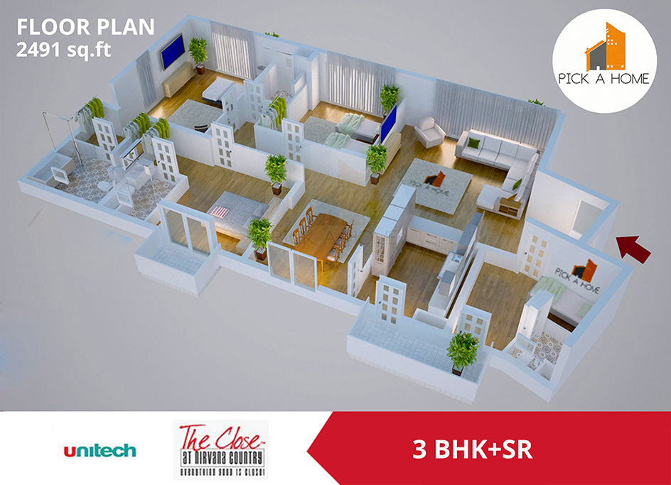 3 BHK + Servant Room  (2491 sqFT) apartments for sale/rent in Unitech Limited UNITECH THE CLOSE NORTH, NIRVANA COUNTRY I
