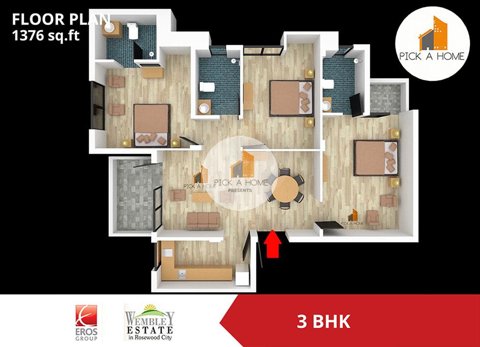 3 BHK  (1376 sqFT) apartments for sale/rent in Eros City Developers Pvt. Ltd EROS WEMBLEY ESTATE, NIRVANA COUNTRY I