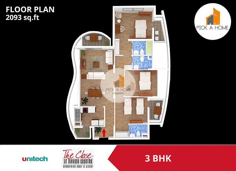 3 BHK (2093 sqFT) apartments for sale/rent in Unitech Limited UNITECH THE CLOSE SOUTH, NIRVANA COUNTRY I