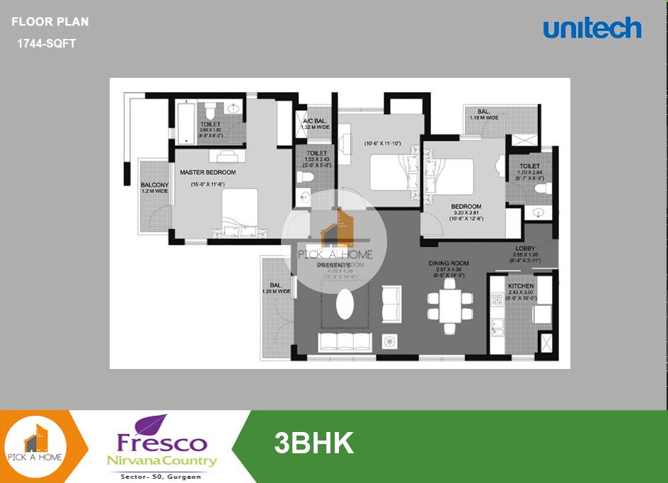3 BHK + Servant Room  (1744 sqFT) apartments for sale/rent in Unitech Limited UNITECH FRESCO, NIRVANA COUNTRY I