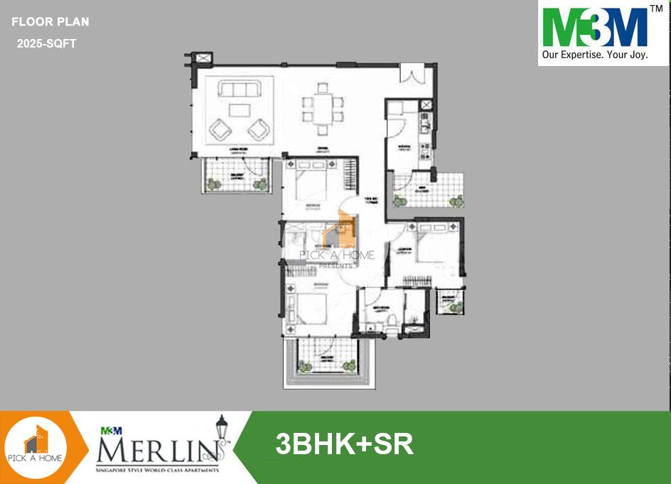 3BHK+SR (2025 sq.ft) apartments for sale/rent in M3M India Limited M3M MERLIN, 