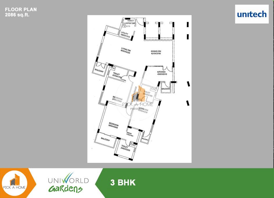 3BHK (2086 sqFT) apartments for sale/rent in Unitech Limited UNITECH UNIWORLD GARDEN, SOHNA ROAD